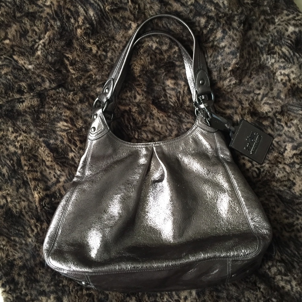 Coach Maggie Hobo Metallic Leather Shoulder Bag Gunmetal Silver